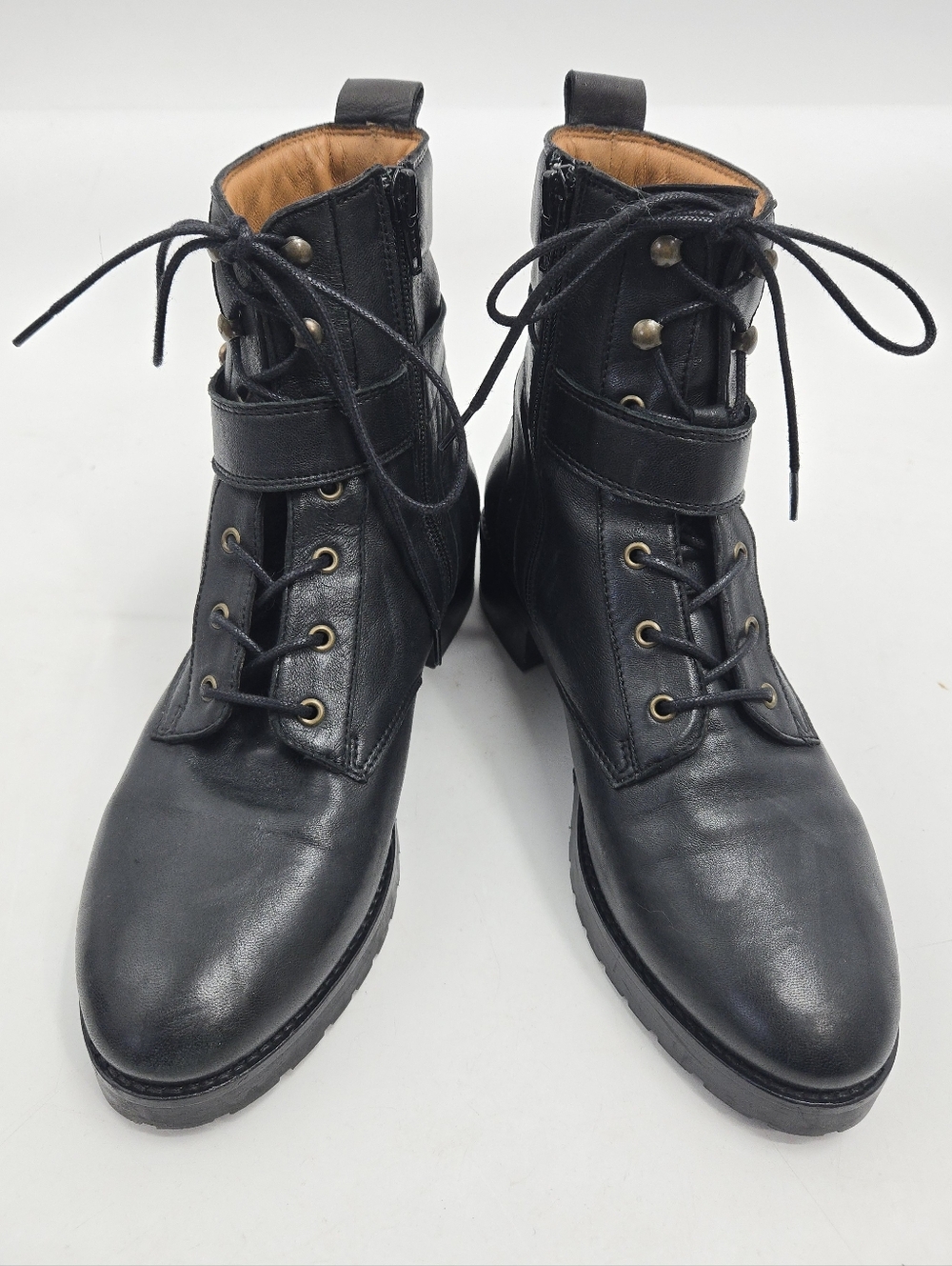 Sezane Dana Black Leather Lace-Up Ankle Boots with Buckle Strap